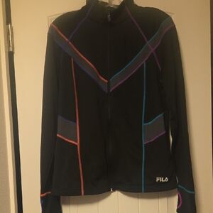 Fila Women's Black Jacket with Multicolor Geometric Design